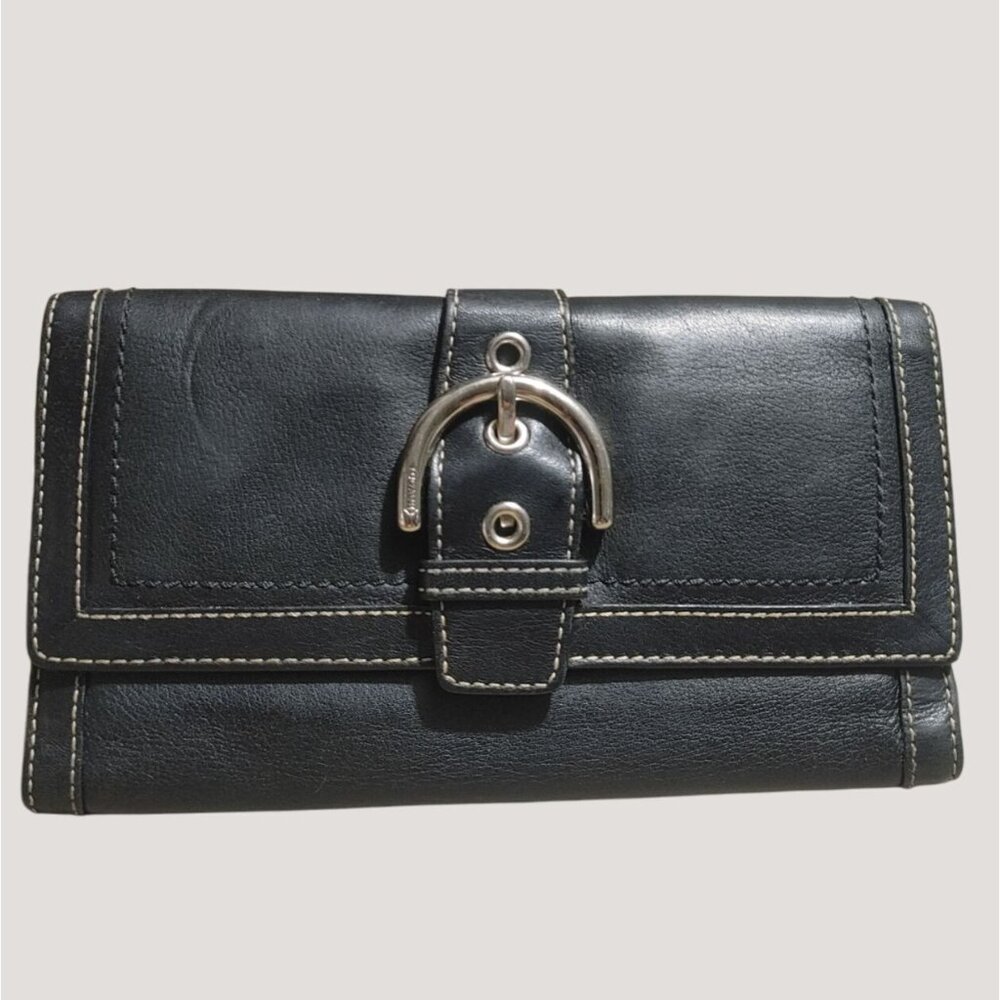 Coach Black Genuine Leather Wallet Card Slots ID Window